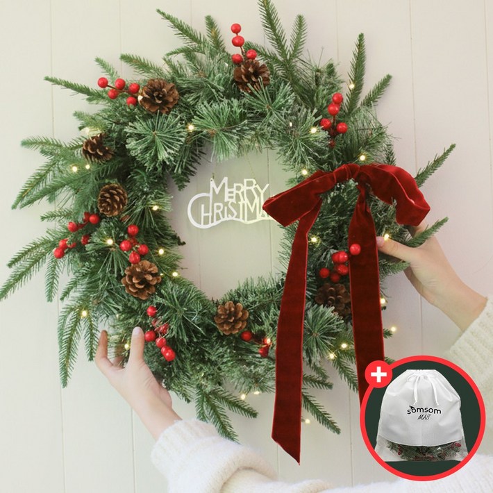 크리스마스 현관 벽 장식 소품 솔방울 원형 클래식 리스, 1개, 혼합색상