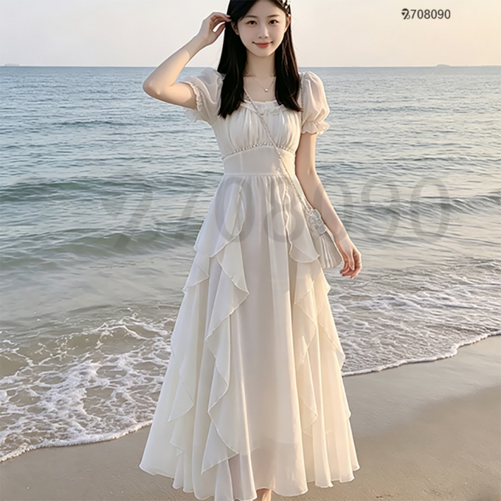 708090 여성 화이트 부드러운 롱 원피스