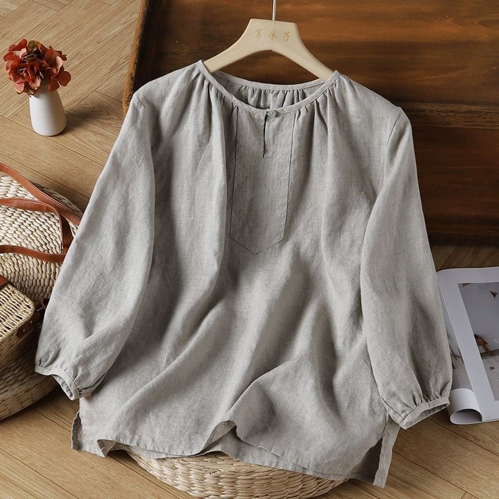 여성 봄여름 린넨 블라우스  루즈핏 라운드넥 7부소매  내추럴핏 데일리 캐주얼 상의