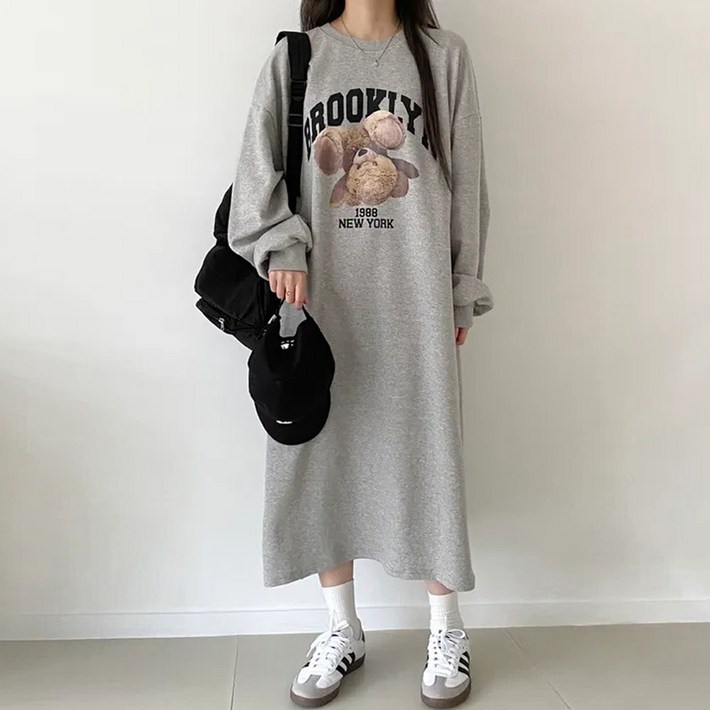 모던허니 브루클린베어원피스 3color 곰돌이 긴팔 원피스 데일리 캐주얼 가을 겨울 여성티셔츠 빅사이즈 여자
