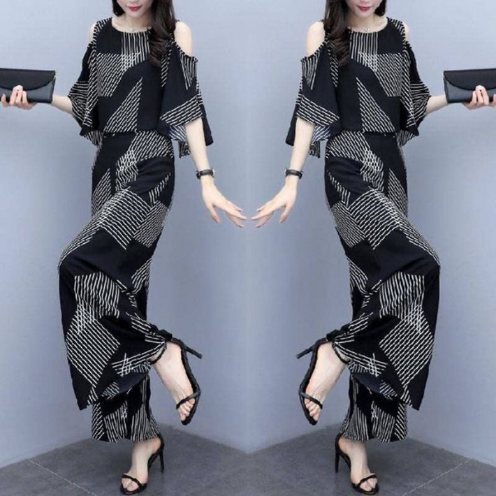 Hasvz여름 여성 빅사이즈 트레이닝복 세트 데일리 패션 오프숄더 하이웨이스트 캐주얼 반팔 와이드 팬츠 세트 루즈핏