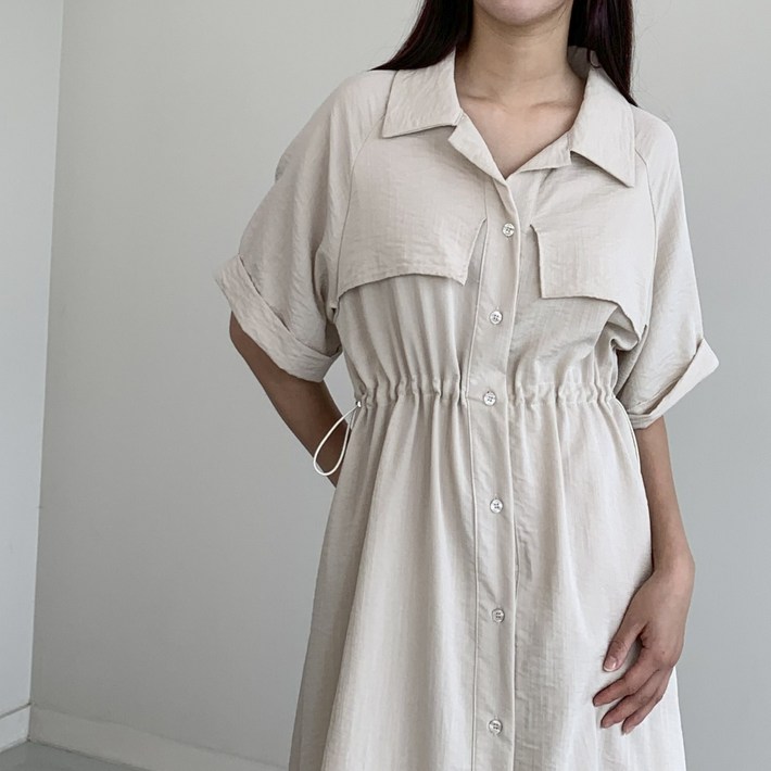 행복여 헤리스 허리 스트링 카브라 소매 셔츠 카라 원피스