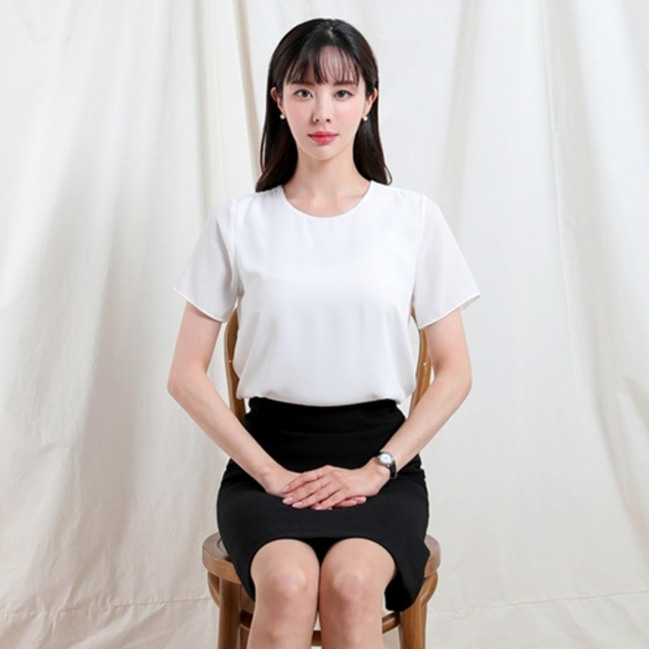 고급 흰블라우스 면접 정장 셔츠 빅사이즈 흰색 라운드 노카라 플레어