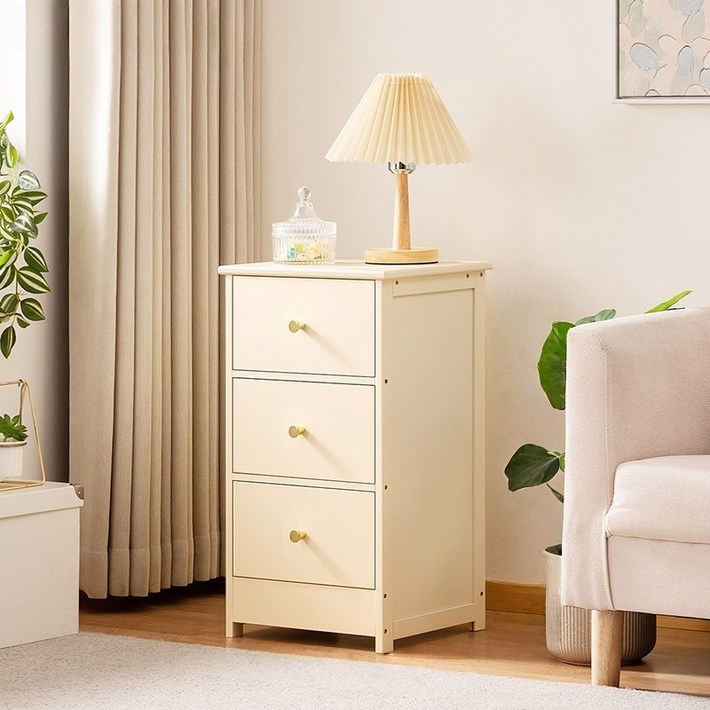 GOOD HOME 다용도 서랍 수납장 거실 침실용 틈새 수납 대나무 우드 소재 크림화이트, 3단, 크림화이트
