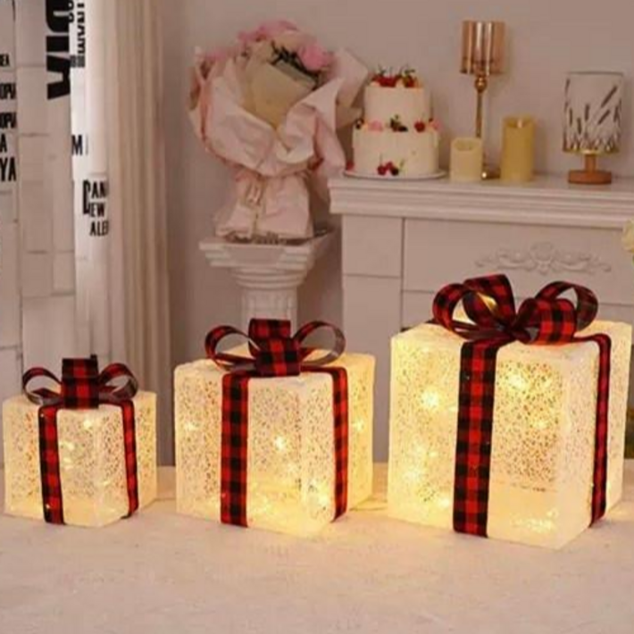 굿도우 크리스마스 선물상자 3종세트 LED 조명 장식 2526, 1세트, D.화이트 체크리본