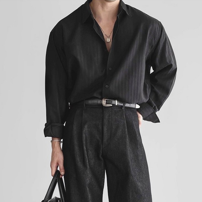 남성 모던 스트라이프 루즈핏 데일리 긴팔 셔츠