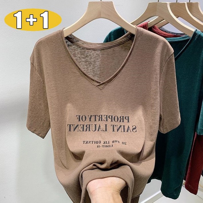 11 빅사이즈 여성 얇은 브이넥 티셔츠 루즈핏 프린팅 반팔티 편한 이너티