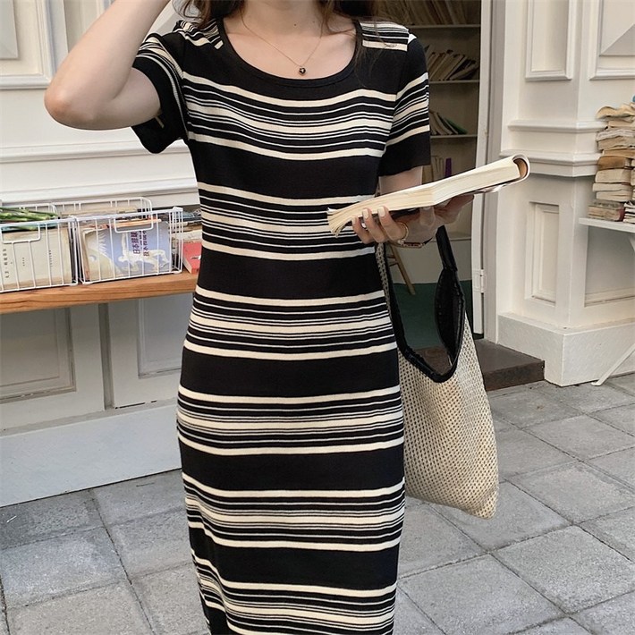 OWLGUGU OW0039A 여성 캐주얼 슬림핏 스트라이프 니트 라운드넥 반팔 롱 원피스