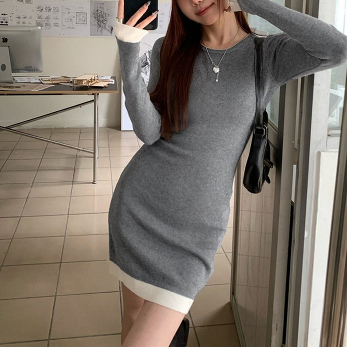 cammello 화이트 배색라인 슬림핏 니트 미니원피스 겨울 긴팔 미니드레스 하객룩