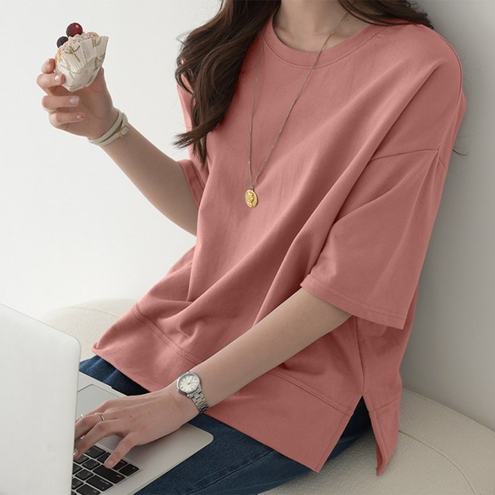 데일리앤 르테인 여성 라운드넥 오버핏 루즈핏 반팔 무지 트임 레이어드 맨투맨 티셔츠