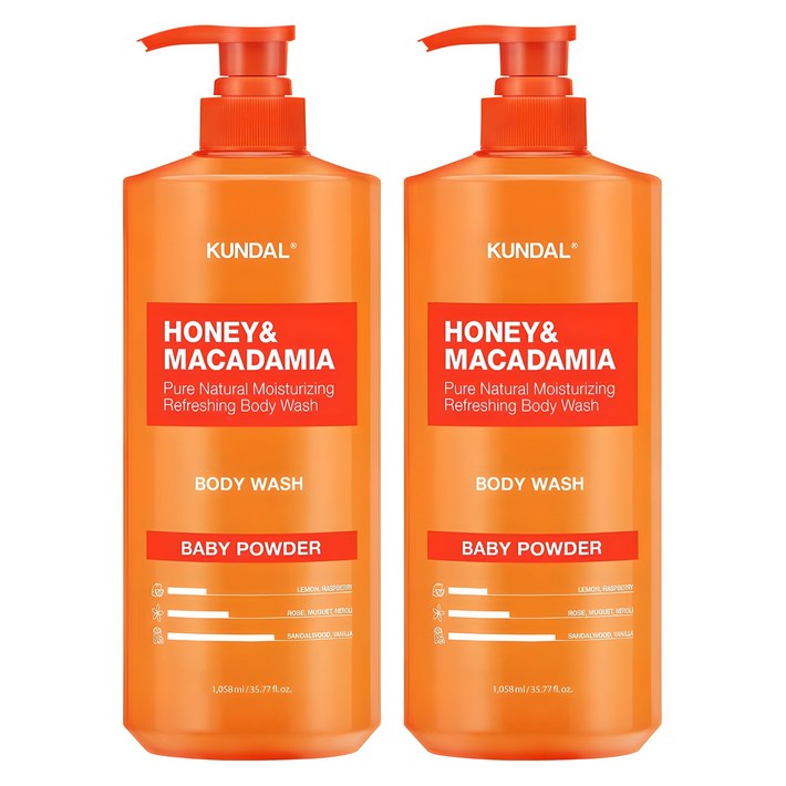 쿤달 허니 앤 마카다미아 퓨어 바디워시 베이비파우더향, 1058ml, 2개 쿤달 허니 앤 마카다미아 퓨어 바디워시 베이비파우더향, 1058ml, 2개
