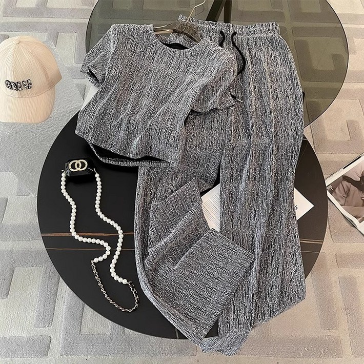 2026여성 패션 기품 세트 여름 스타일 여유로운 스타일 회색 반팔 와이드 팬츠 투피스 세트