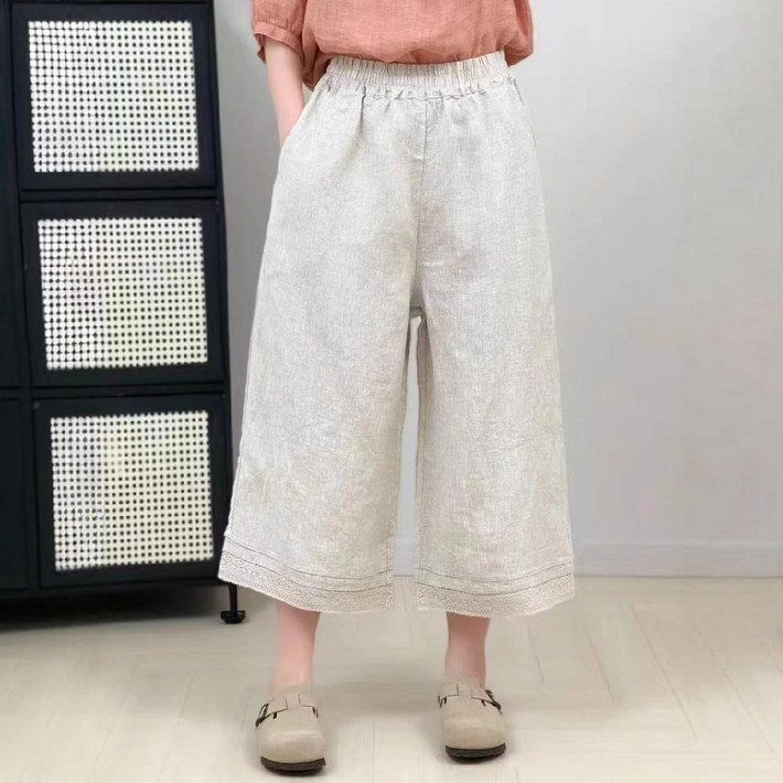 여성 여름 샌드 워싱 리넨 레이스 바지 밴딩 솔리드 7부 통 마 A12Z20 원픽1