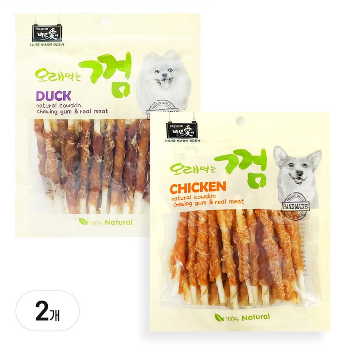 백년애 고기가 2배 이상 말린 오래먹는 개껌 강아지 간식 껌 치석 제거 인기 2개 묶음, 닭고기 스틱 24P  오리고기 스틱 24P, 250g, 1세트