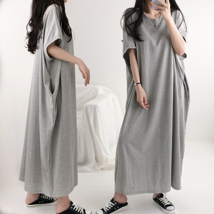 왕박시 4XL 국산 빅사이즈 오버핏 가오리 포켓 반팔 면 롱 원피스