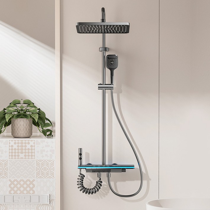 진보 LED 온도 표시 원터치 4단 조절 고급형 욕실 해바라기 샤워기 세트, 다크 그레이, 1개, 1개