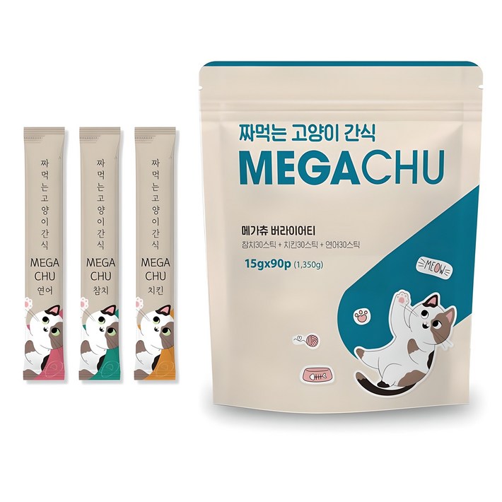 메가츄 짜먹는 츄르 고양이간식 90스틱 대용량, 2개, 연어치킨참치, 15g, 180개 메가츄 짜먹는 츄르 고양이간식 90스틱 대용량, 2개, 연어치킨참치, 15g, 180개