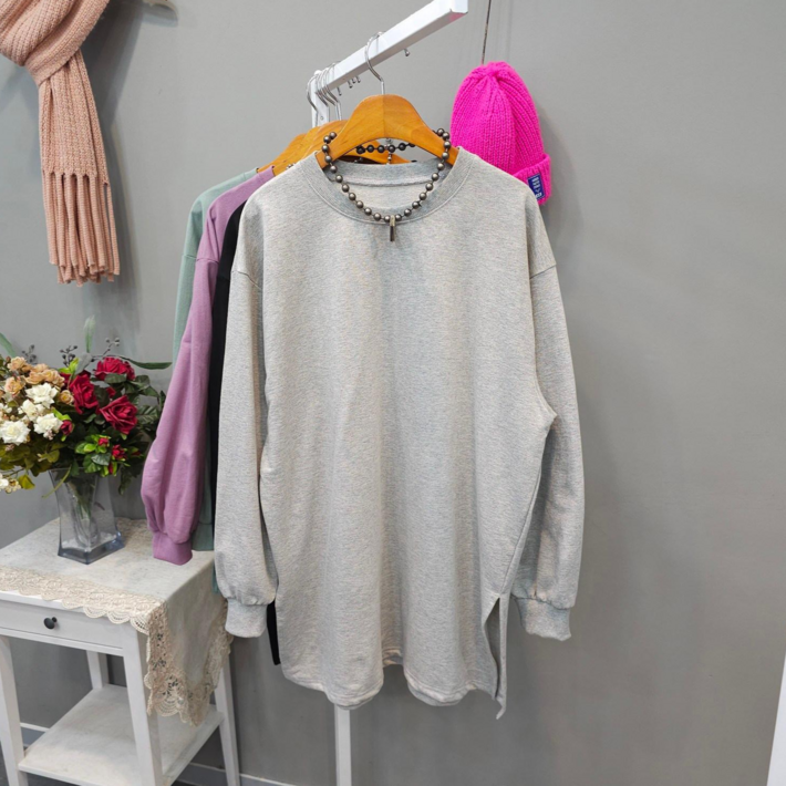 여성용 면100 긴팔 무지 밑단트임 라운드넥 박시핏 롱티셔츠