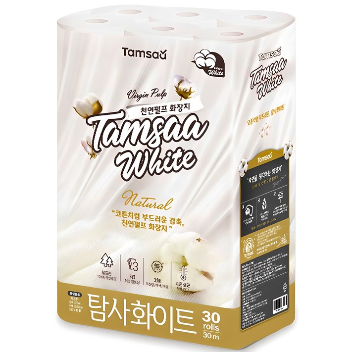 탐사 화이트 천연펄프 3겹 롤화장지 30m, 30개입, 1개 탐사 화이트 천연펄프 3겹 롤화장지 30m, 30개입, 1개