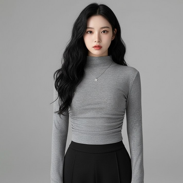 마켓피아 여성용 골지 크롭 셔링 슬림핏 긴팔 티셔츠 마켓피아 여성용 골지 크롭 셔링 슬림핏 긴팔 티셔츠