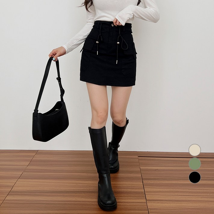 밀키버터 여성용 카고 스트링 스판 미니 스커트