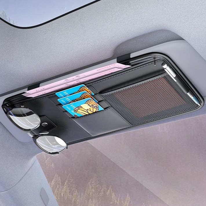 SEAMETAL 차량용 썬바이저 가죽 수납 보관 포켓 선글라스 안경케이스, 블랙, 1세트