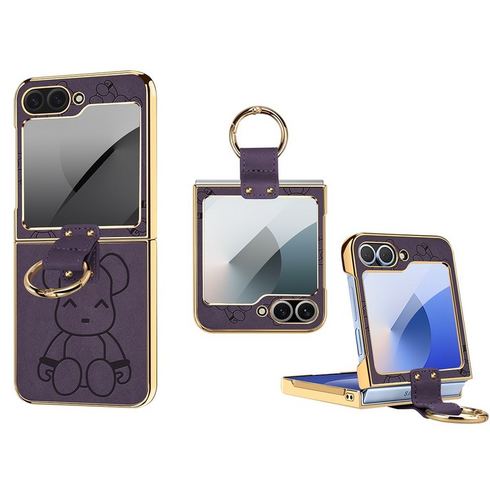 KDNC 갤럭시 z플립 골드라인 곰돌이 가죽 링케이스