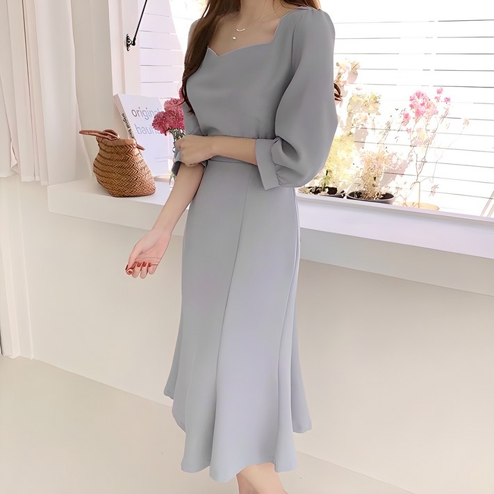 레티고 여성 스퀘어 넥 뒷 리본 벌룬 원피스