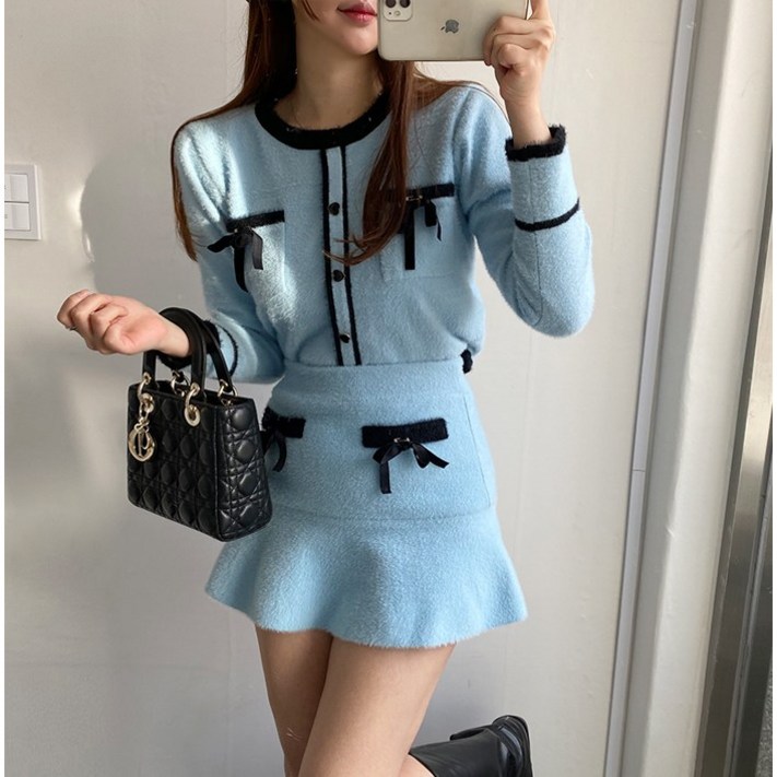 당일출고 set투투 리본 앙고라 니트 투피스 세트 연말룩 연말원피스 니트투피스