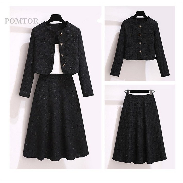 POMTOR 여성 빅사이즈 정장 치마 세트 봄가을 신상 정장자켓주름 스커트 상하의 세트