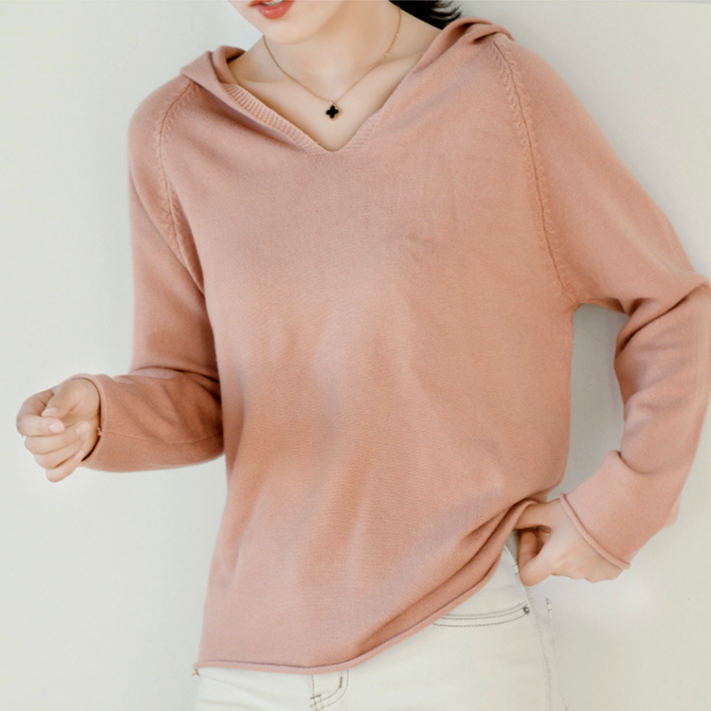 MS HOME 여성 후드 니트 브이넥 데일리 베이직