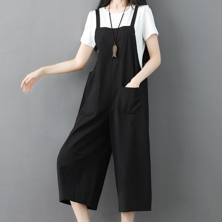 미시맵시 여성 빅사이즈 일자 와이드핏 여름 멜빵 바지 린넨 점프수트