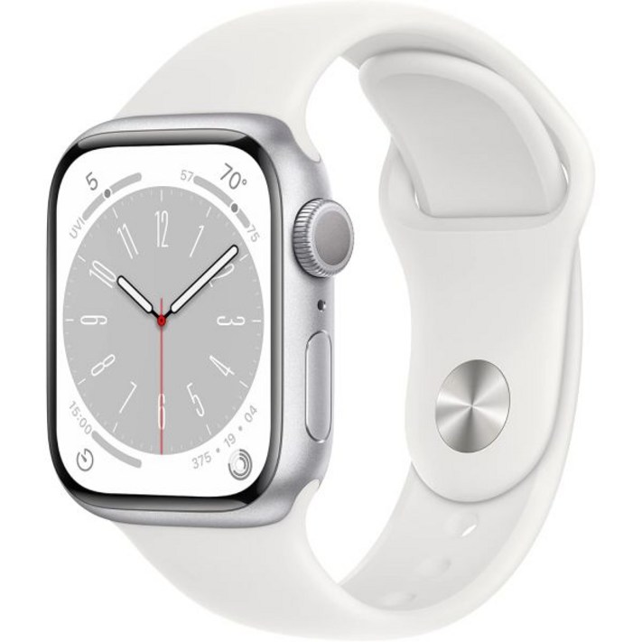 Apple Watch 시리즈 8 GPS, 41mm 흰색 스포츠 밴드가 있는 실버 알루미늄 케이스, ML아마존 공식 리퍼비시