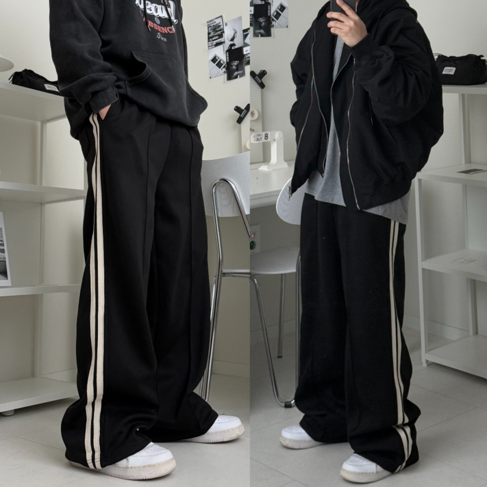 르위 두줄 사이드 트랙 밴딩 와이드 스웻 팬츠