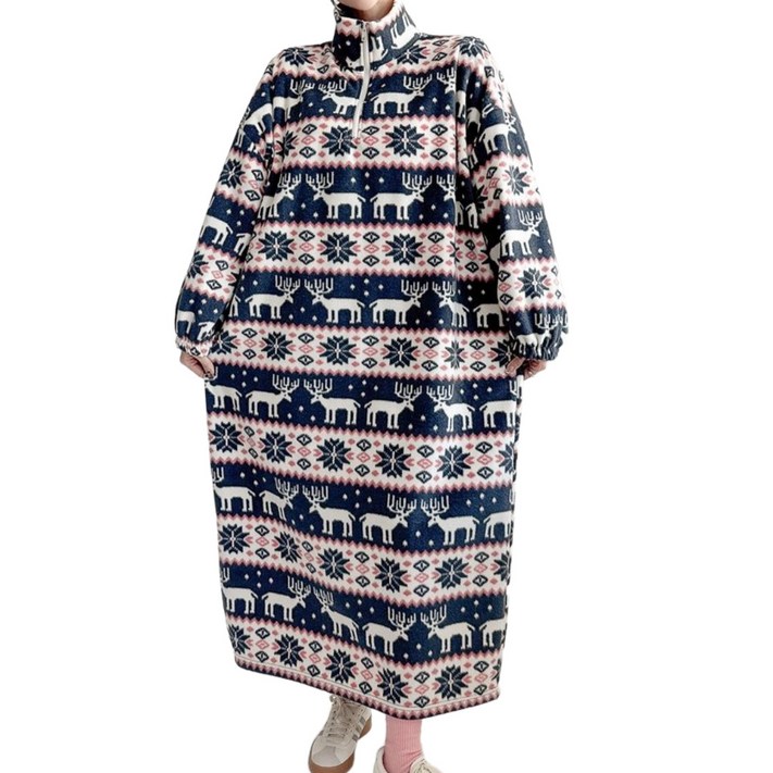 플랜메이 노르딕 꽃사슴 후리스 오버핏 롱원피스 캠핑 홈웨어 파자마 아노락 집업 국내생산