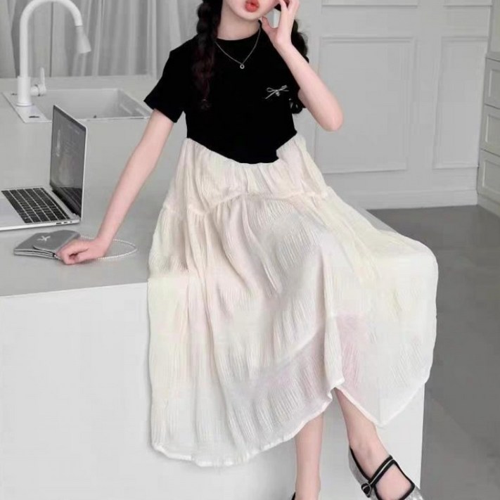 해피유통 어린이 패션 배색 원피스 반팔과 롱스커트 디자인 14세 이상 XG08