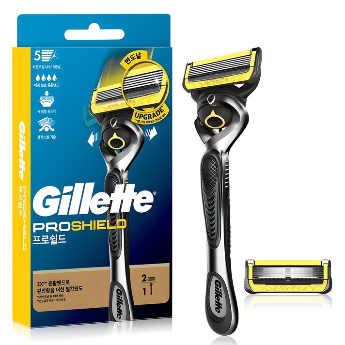 질레트 프로쉴드 옐로우 매뉴얼 면도기 핸들  면도날 2p 세트