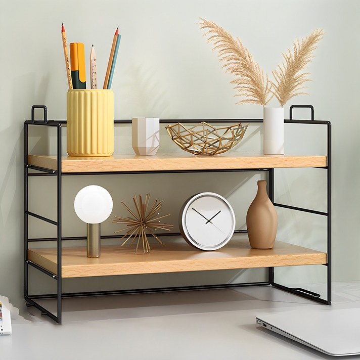 디모어 다용도 책상정리 미니 우드 선반, 원목  블랙, 2단