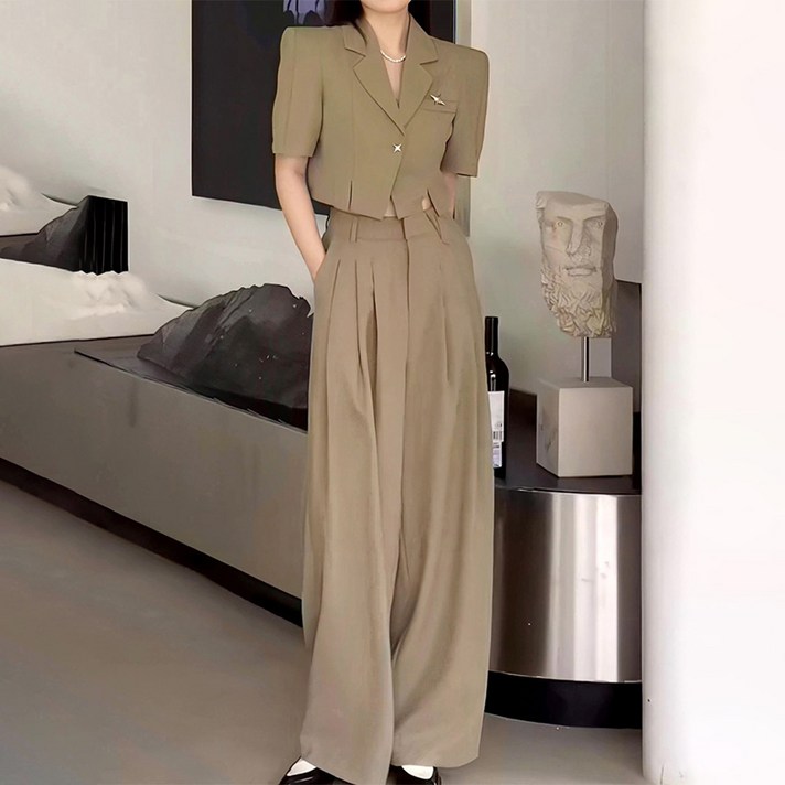 비비에모 여름 정장세트 숏 카라 반팔 재킷  와이드 팬츠 06729