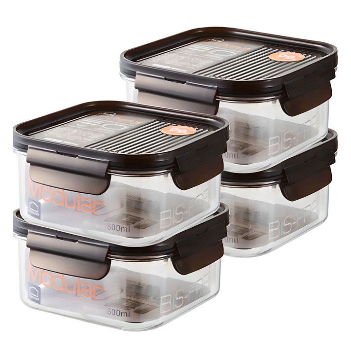 락앤락 비스프리 모듈러 정사각 밀폐용기, 4개, 600ml