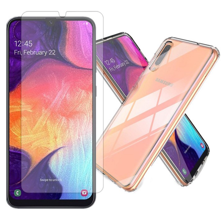 스톤스틸 갤럭시 A50 전면 액정 강화유리 보호 필름 1장  클리어 투명 젤리 케이스 1개