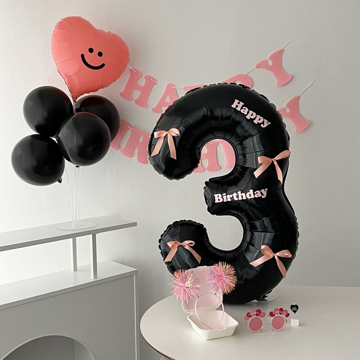 하피블리 레터링 가랜드 블랙 숫자풍선 생일 파티 용품 세트, 핑크