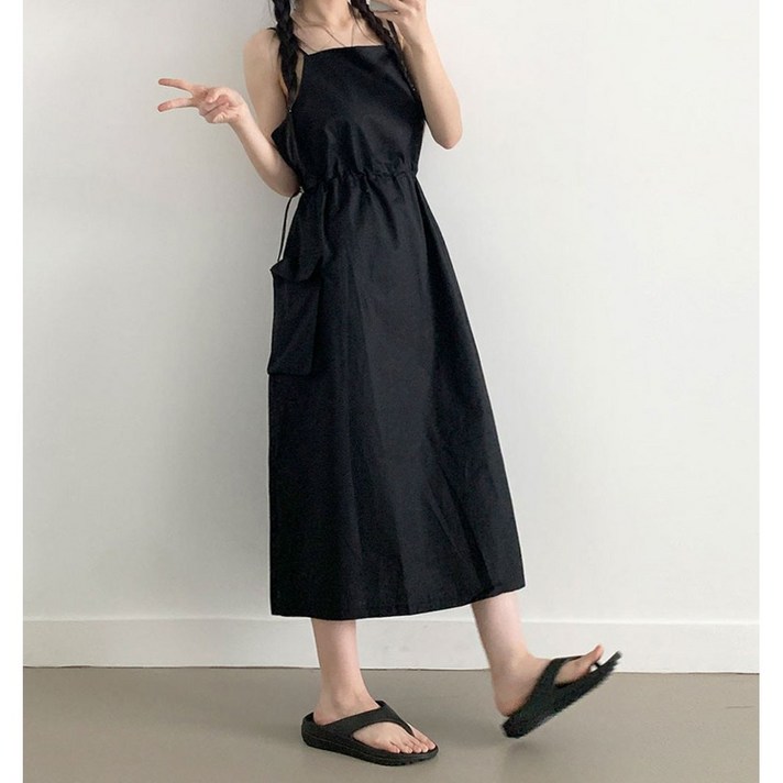 부기샵 네이  카고 나시 바스락 나일론 스트링 레이어드 롱원피스