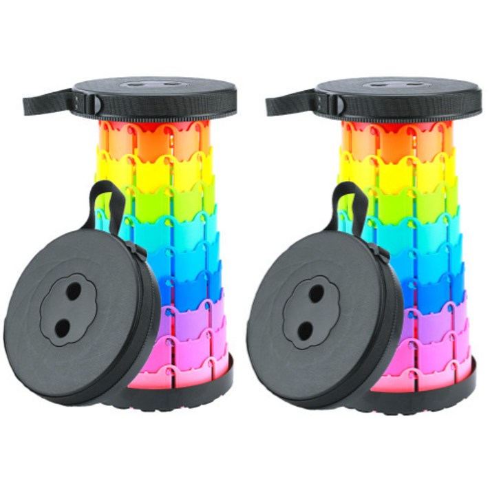 라온플렉스 휴대용 접이식 자바라 의자 높이조절 캠핑 스툴 아코디언 폴딩 체어 간이 대기, 레인보우 검정, 2개