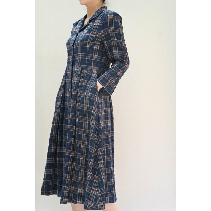 비꼴리끄 린넨 체크 칠부 원피스 B232WO2120