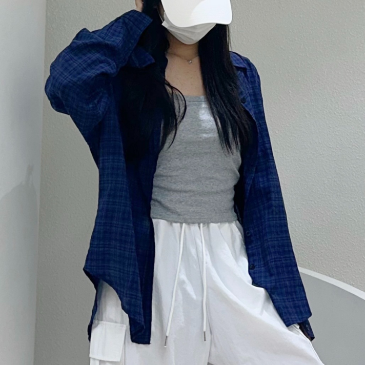 하르린 썸머 여성 루즈핏 체크 긴팔 셔츠