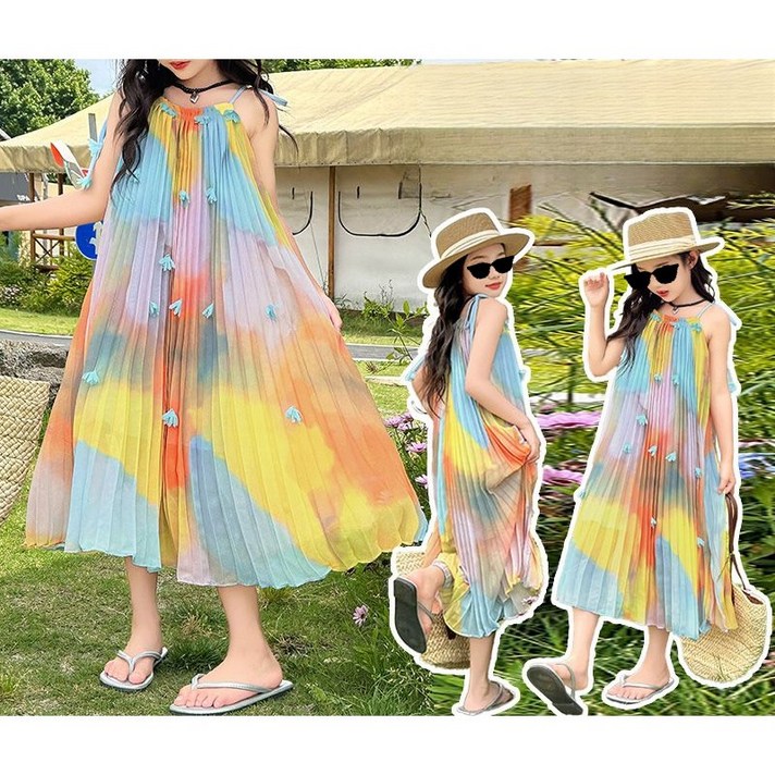 해피유통어린이 색상 그라데이션 민소매 원피스 가벼운 캐주얼 스타일14세 이상 XG03