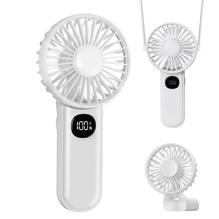 xigmer 미니 선풍기 LED 목걸이선풍기 접이식 손선풍기 휴대용 캠핑용 무선선풍기 5단 풍속, 화이트