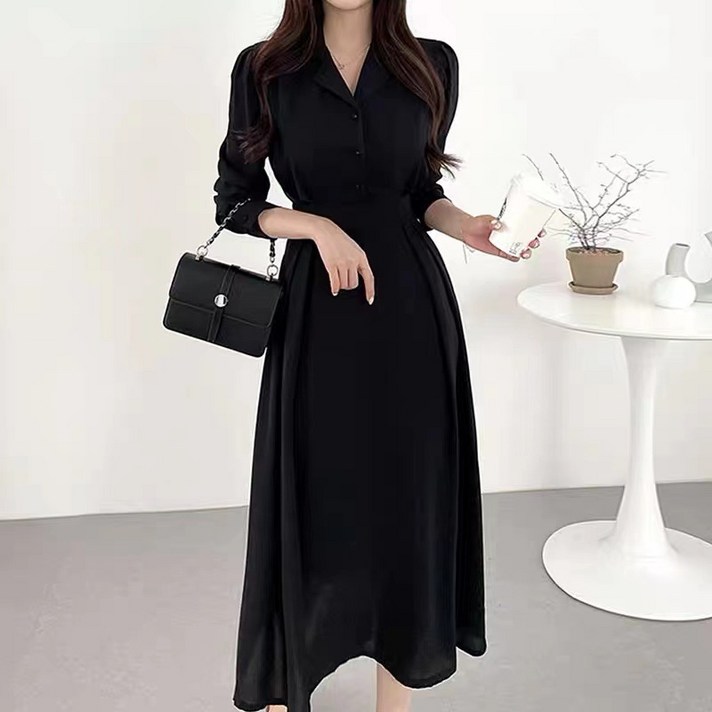 여성용 긴팔 A라인 플레어 하객룩 롱 원피스 Onepiece dress D2937