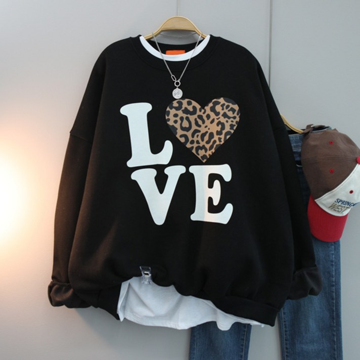 달콩 여성 빅사이즈 기모맨투맨 레오러브오버핏맨투맨기모